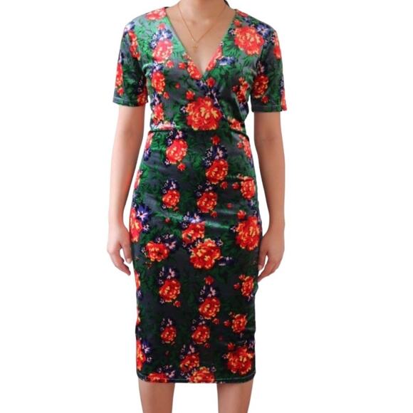 NWT Zara Trafaluc Velvet Floral Midi Dress Green Sz S Knee Length Sheath - Picture 1 of 12